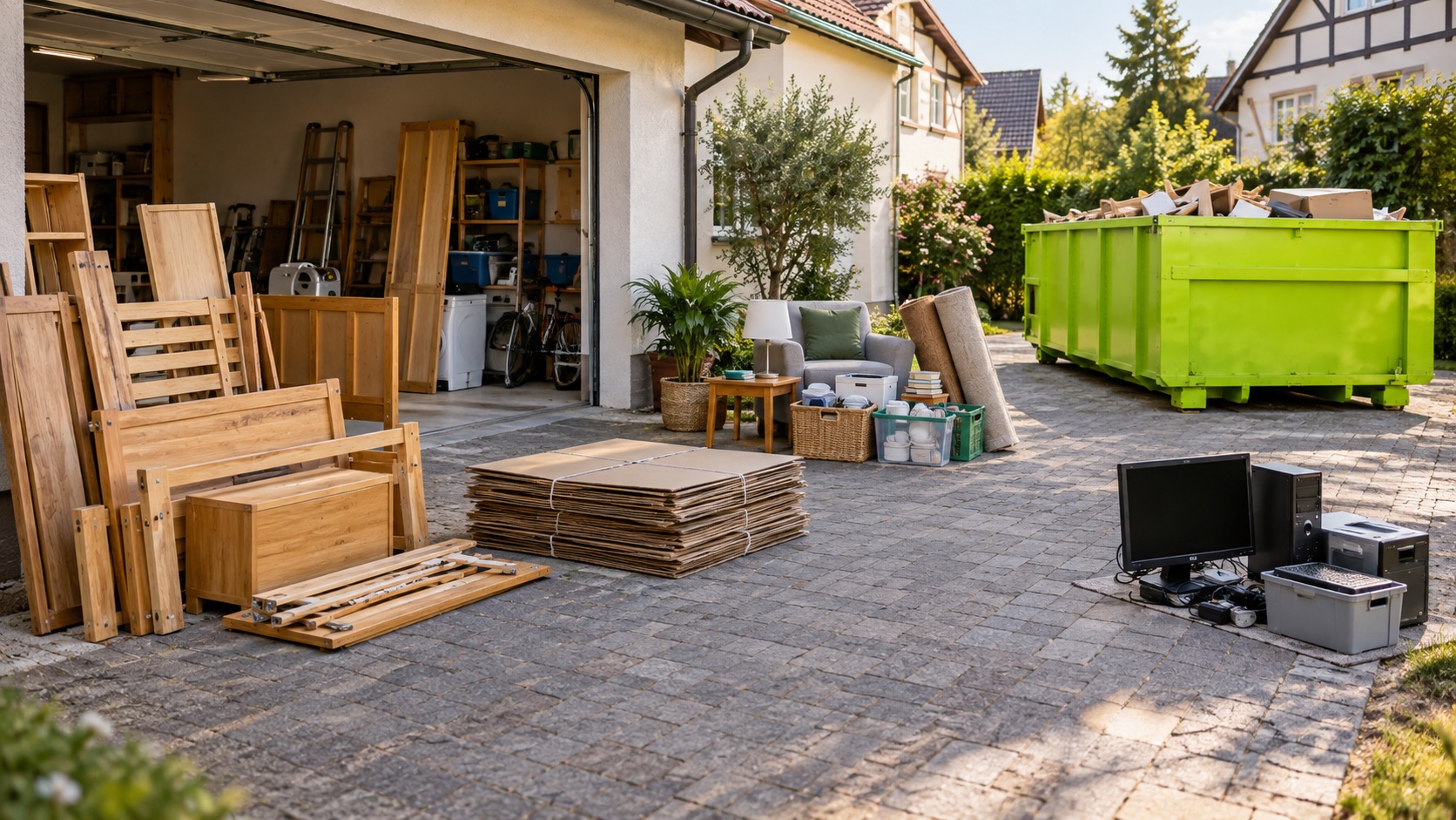 Déchets de débarras triés par matière avant leur chargement en benne